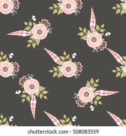 Seamless pattern with flowers and feathers on a black background. Vector. It can be used for backgrounds and wrapping paper 