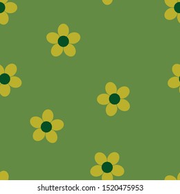 The seamless pattern of flowers with five petal is on the green background.