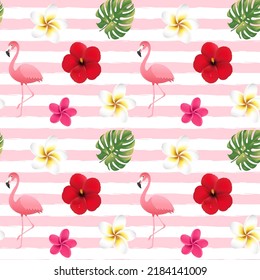 Seamless Pattern And Flowers And Flamingo With Gradient Mash, Vector Illustration