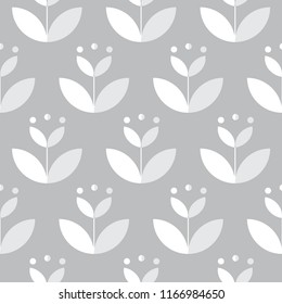 Seamless pattern with flowers in flat style in grey and white colors. Vector.