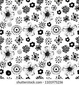Seamless pattern with flowers. Floral background texture. Fabric design in black and white