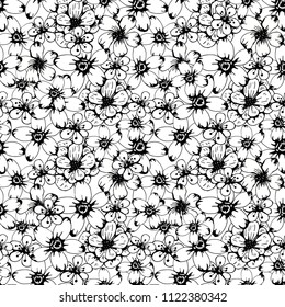 Seamless pattern with flowers. Floral background. Fabric design in black and white