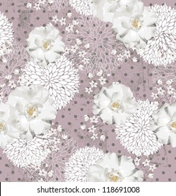 Seamless pattern with flowers  Floral background with roses and cherry blossom