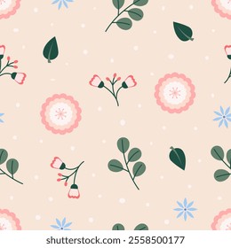 Seamless pattern with flowers, floral, and branches. Motifs scattered random season patterns. Texture for fabric, wrapping, wallpaper, apparel, card, paper gift.