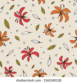 Seamless pattern with flowers. Floral drawing with line-art. Red and orange lines, buds and leaves on a light beige background. Floral pattern for fabric, wrapping gift paper. Eps10 vector.