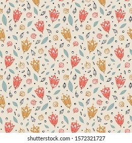 Seamless pattern with flowers. Floral drawing with line-art. Eps10 vector.
