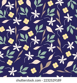 Seamless pattern with flowers and floral elements in pastel shades on a dark blue background. For fabric in a small flower. Vector illustration