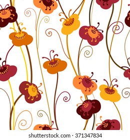 Seamless pattern with flowers. Floral seamless pattern. Stylized hipster colorful flowers. Vector hand drawn seamless pattern. Hand drawn Vector illustration.