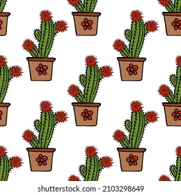 Seamless pattern of сacti and flowers in flower pots on white background. Doodle style. Vector image.
