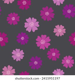 Seamless pattern with flowers. Flower with six petals.  Design in retro style for  girls. Delicate pink violet colours. Flowers on gray background. Vector illustration for paper, textile, cards.