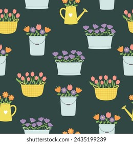 Seamless pattern with flowers in flowerbed, basket and bucket on dark emerald background. Template for cards, posters, postcards, prints, wallpaper, fabric. Vector illustration