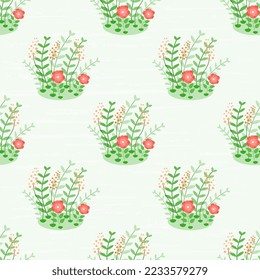 Seamless pattern with flowers in a flowerbed on a white background with an old vintage texture, artistic. Festive cute design