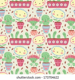 Seamless pattern with flowers in flowerpots