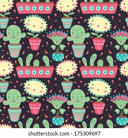 Seamless pattern with flowers in flowerpots