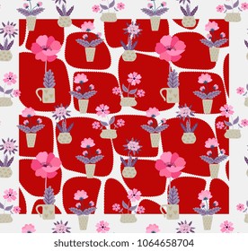 Seamless pattern with flowers in flowerpots on red patches. Beautiful doily in vector. Funny spring design.