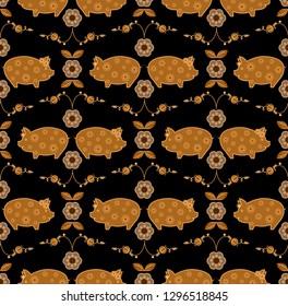 Seamless pattern with flowers in folk style,Ornament with two pigs and flowers in folk style,Petryakovskaya folk painting