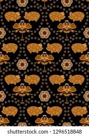 Seamless pattern with flowers in folk style,Ornament with two pigs and flowers in folk style,Petryakovskaya folk painting