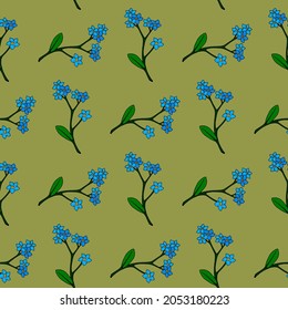 Seamless pattern with flowers forget-me-not on cozy green background. Vector image.