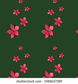 A seamless pattern . Flowers in the form of a star on a green  background. Factory textiles . Textiles for pastel linen and curtains . Textiles for women's clothing . Robes , dresses , Pinewars . 