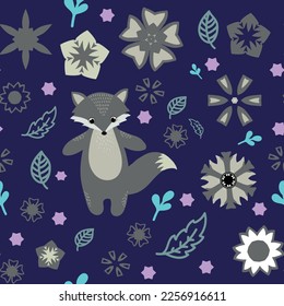 Seamless pattern with flowers and fox, in shades of blue. Vector file for designs.