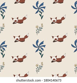 
Seamless pattern with flowers and a fox, vector illustration for printing on baby clothes, fabric