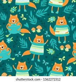 Seamless pattern with flowers and foxes. Can be used on packaging paper, fabric, background for different images, etc. 