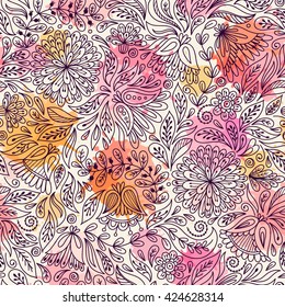 Seamless pattern with flowers. Freehand drawing