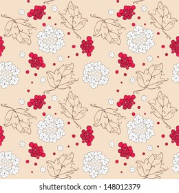 seamless pattern with flowers and fruit of viburnum with leaf outlines