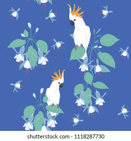Seamless pattern with flowers of fuchsia and parrots on a blue background. For decorating textiles, packaging and wallpaper. Vector illustration.