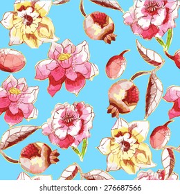 Seamless pattern with flowers, garnet watercolors painted on a blue background