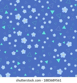 Seamless pattern. Flowers and geometric shapes. Blue forget-me-nots and green triangles. Trendy endless pattern for textiles. Vector image. Flat style.