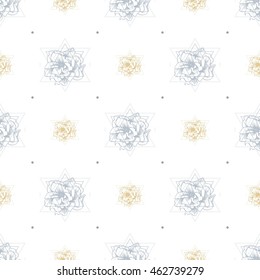 Seamless pattern with flowers and geometric shapes. Vector background.