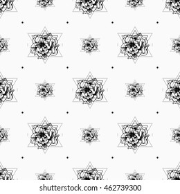 Seamless pattern with flowers and geometric shapes. Vector background.