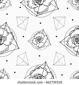Seamless pattern with flowers and geometric shapes. Vector background.