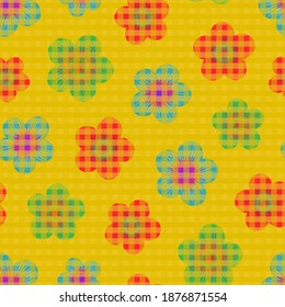 Nahtloses Muster mit Blumen und Gingham-Textur. Wiederholen Sie abstrakte strukturierte Blumenmuster. Vektorgrafik.