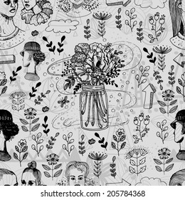 Seamless Pattern with Flowers and Girls