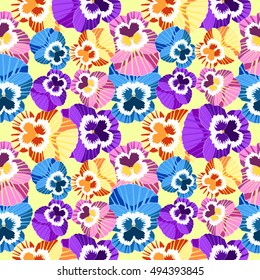 seamless pattern flowers glade violet pansies on a yellow background vector illustration