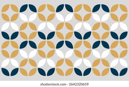 seamless pattern with flowers. Gold, dark blue, and white petal-like shapes interlock on a light gray background, showcasing a simple yet elegant ethnic batik-inspired pattern	