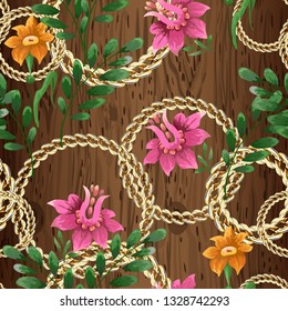 Seamless pattern with flowers, golden chain and wood texture.