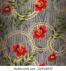 Seamless pattern with flowers, golden chain and wood texture.