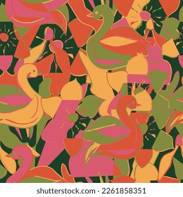 Seamless pattern with flowers and gooses. Trendy vector illustration. Funny rustic print. For textiles, Wallpaper, wrapping paper, bed linen. 