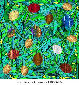 Seamless pattern with flowers and gradient ladybirds on green 