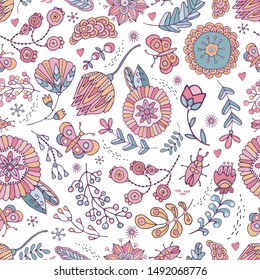 Seamless pattern flowers, grass, butterfly, beetle in vector. Boho style. Cute, hand-drawn, background for children's theme design, holidays, greetings, weddings. Doodle. Rustic, naive ornament.