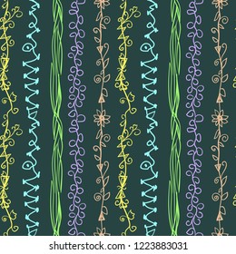 Seamless pattern with flowers, grass and leaves on a green background. Original stylish pattern in the Scandinavian style. Print on fabric, clothes and packing wrap paper for decor