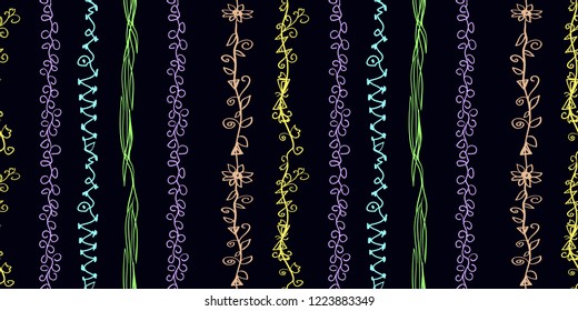 Seamless pattern with flowers, grass and leaves on dark background. Original stylish pattern in the Scandinavian style. Print on fabric, clothes and packing wrap paper for decor