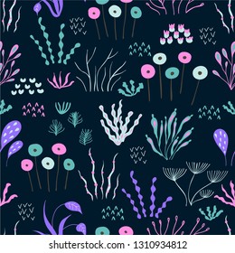 Seamless pattern with flowers and grass. Vector graphic design of floral elements with hand drawn flowers.
