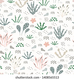 Seamless pattern with flowers and grass. Vector graphic design of floral elements with hand drawn flowers.