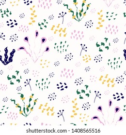 Seamless pattern with flowers and grass. Vector graphic design of floral elements with hand drawn flowers.