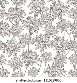  Seamless pattern with flowers gray on a white background. Infinite texture for the design of the season. Vector. Printing for fabrics, cover design, wallpaper
