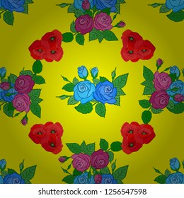 Seamless pattern with flowers and green leaves. Vector blue and violet rose flowers on a yellow background.
